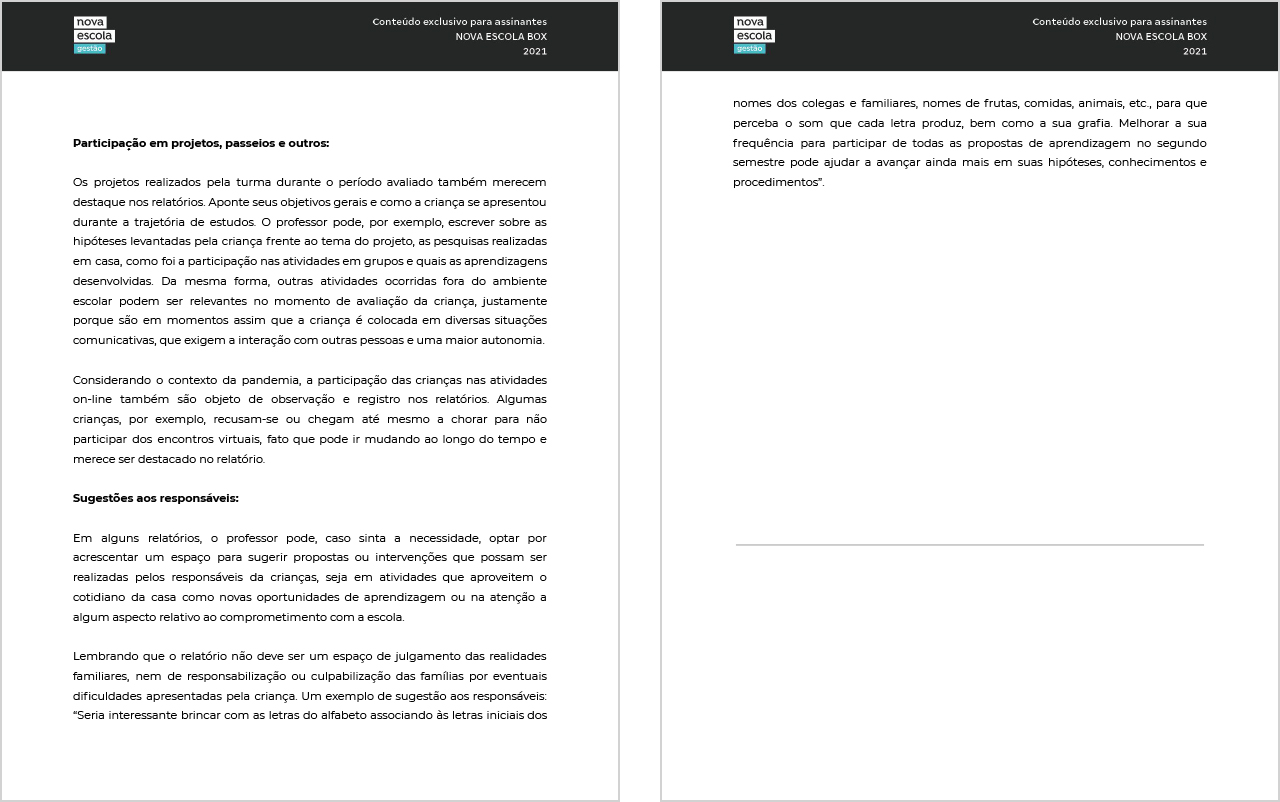 Páginas 3 e 4 do documento: o que incluir no relatório dos pequenos na educação infantil.