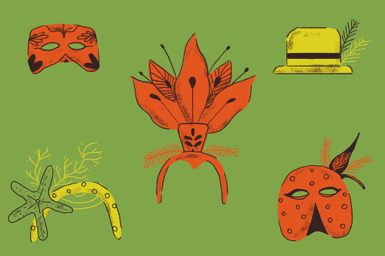 Ilustra&ccedil;&atilde;o de m&aacute;scaras e apetrechos de carnaval
