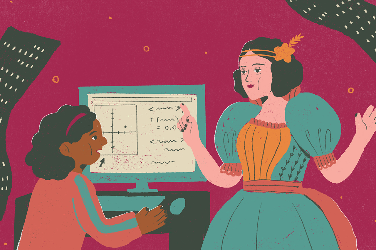 Ilustra&ccedil;&atilde;o de aluna em frente ao computador conversando com Ada Lovelace, que est&aacute; ao seu lado.
