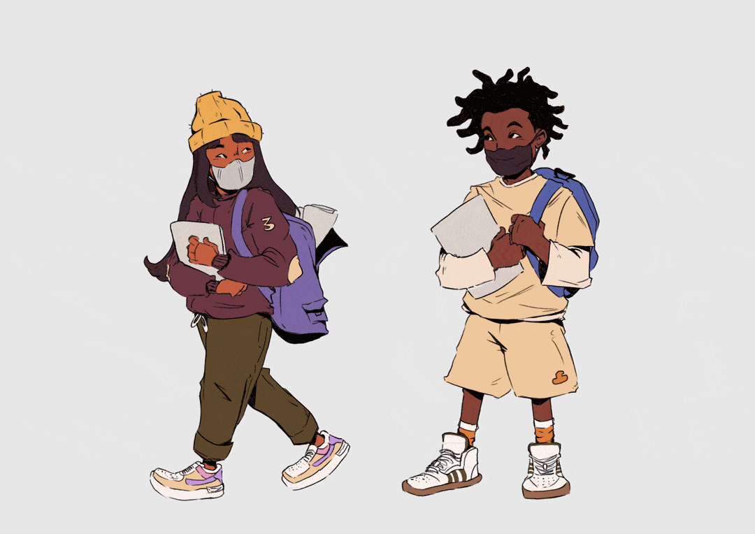 Ilustra&ccedil;&atilde;o animada de alunos do ensino fundamental 01, chegando a escola durante momento de acolhimento.