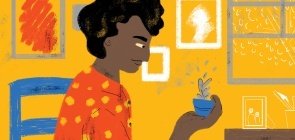 Ilustração de um homem visto de lado segurando na mão um pequeno vaso de plantas