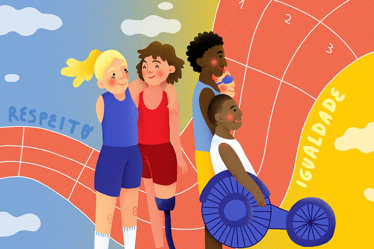 Ilustra&ccedil;&atilde;o abstrata de atletas ol&iacute;mpicos dos esportes nata&ccedil;&atilde;o e corrida, com as palavras respeito e igualdade escritas ao fundo.