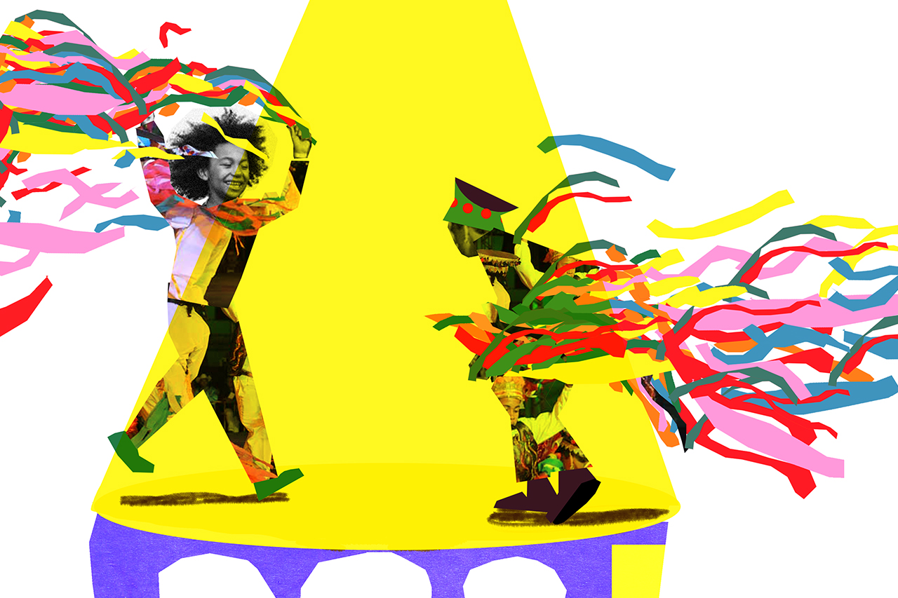 Colagem digital de crian&ccedil;as dan&ccedil;ando em festa tradicional de New Orleans.