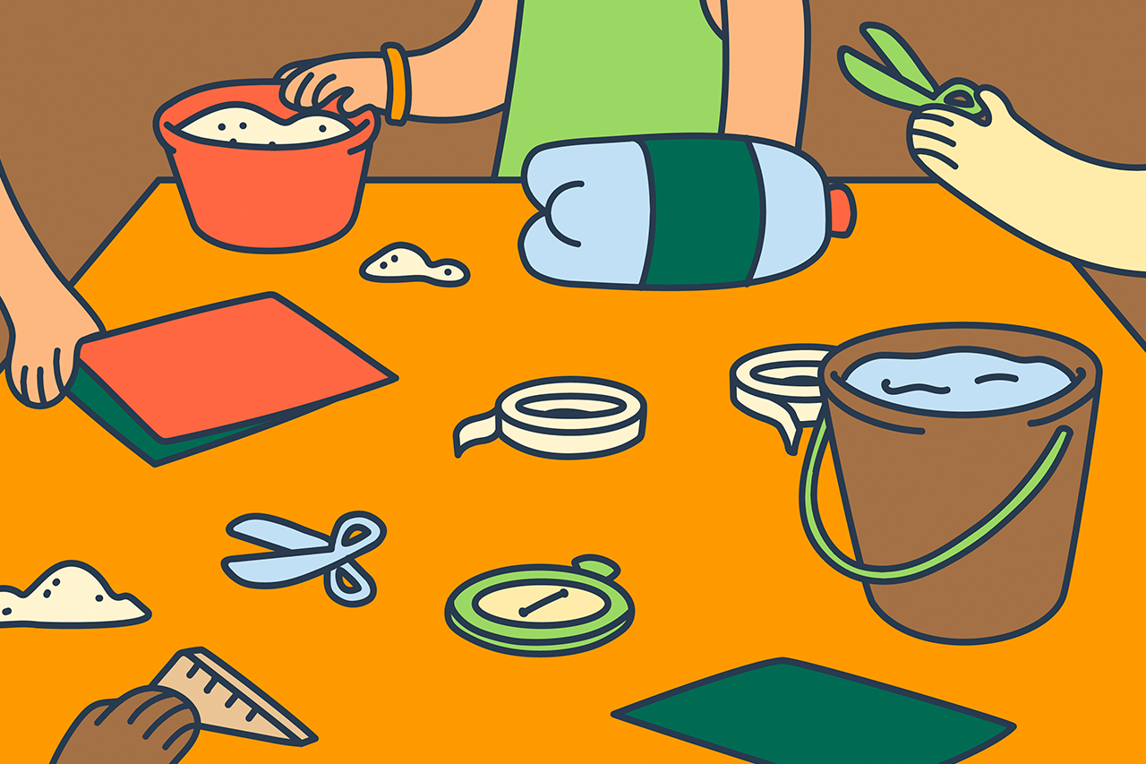 Ilustra&ccedil;&atilde;o de objetos para cria&ccedil;&atilde;o de rel&oacute;gios de sol, areia e &aacute;gua, dispostos sobre uma mesa.