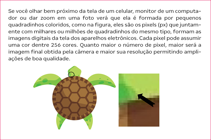 Se voc&ecirc; olhar bem pr&oacute;ximo da tela de um celular, monitor de um computador ou dar zoom em uma foto ver&aacute; que ela &eacute; formada por pequenos quadradinhos coloridos, como na figura, eles s&atilde;o os pixels (px) que juntamente com milhares ou milh&otilde;es de quadradinhos do mesmo tipo, formam as imagens digitais da tela dos aparelhos eletr&ocirc;nicos. Cada pixel pode assumir uma cor dentre 256 cores. Quanto maior o n&uacute;mero de pixel, maior ser&aacute; a imagem final obtida pela c&acirc;mera e maior sua resolu&ccedil;&atilde;o permitindo amplia&ccedil;&otilde;es de boa qualidade.