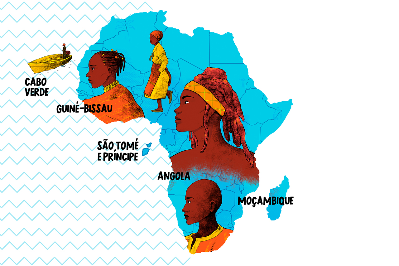 Ilustra&ccedil;&atilde;o de mapa da &Aacute;frica com identifica&ccedil;&atilde;o dos pa&iacute;ses que falam portugu&ecirc;s.