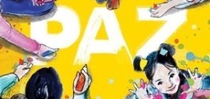 Com fundo amarelo, ilustração em aquarela de crianças escrevendo paz no chão. Uma menina olha para cima 