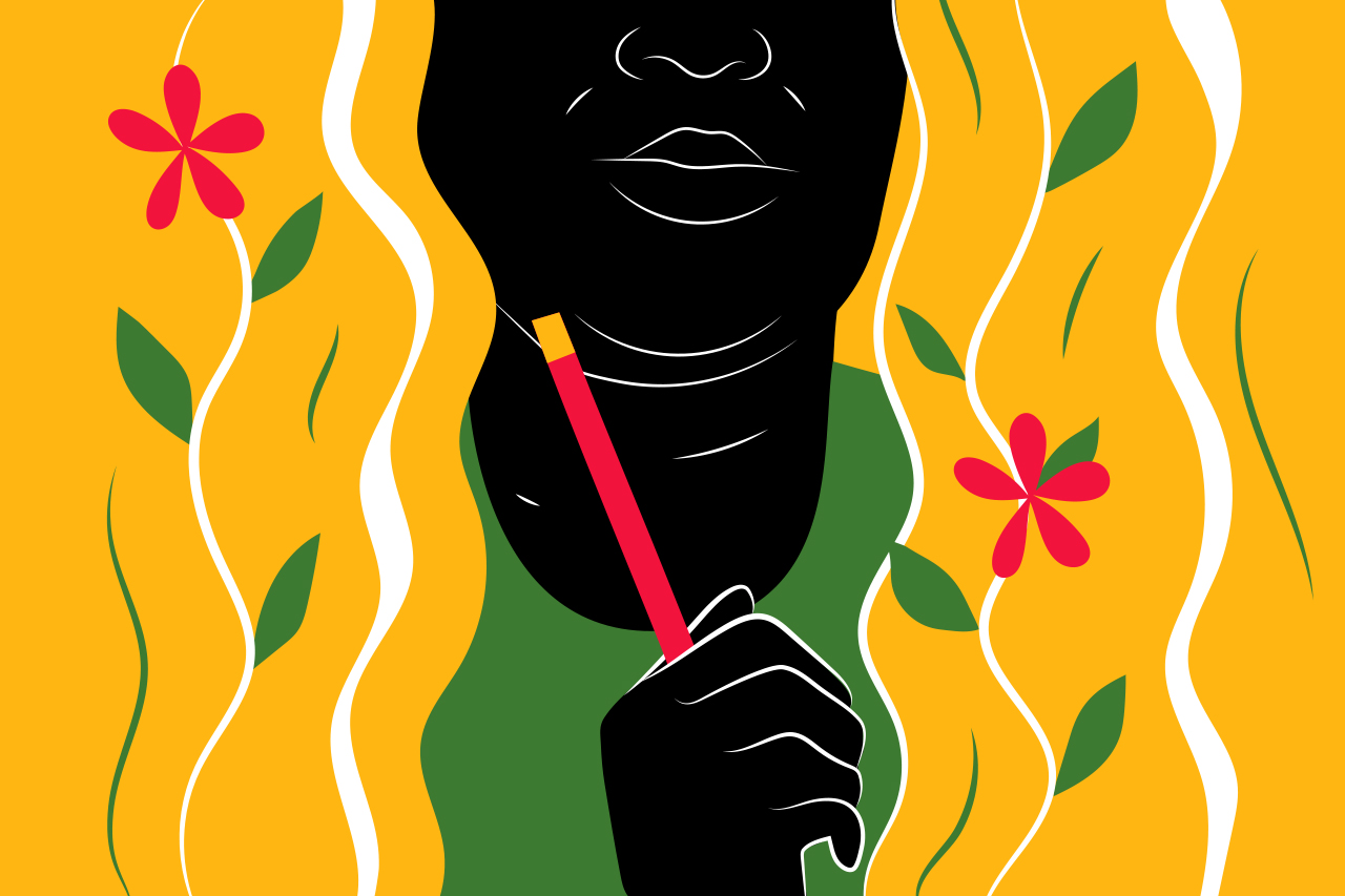 Ilustra&ccedil;&atilde;o abstrata com foco nos cabelos de mulher negra. Nos cabelos &eacute; poss&iacute;vel ver algumas flores.