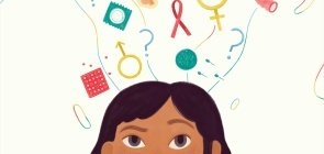 Ilustração de uma menina com olhar questionador. Em cima de sua cabeça há símbolos ligados ao universo da Educação Sexual