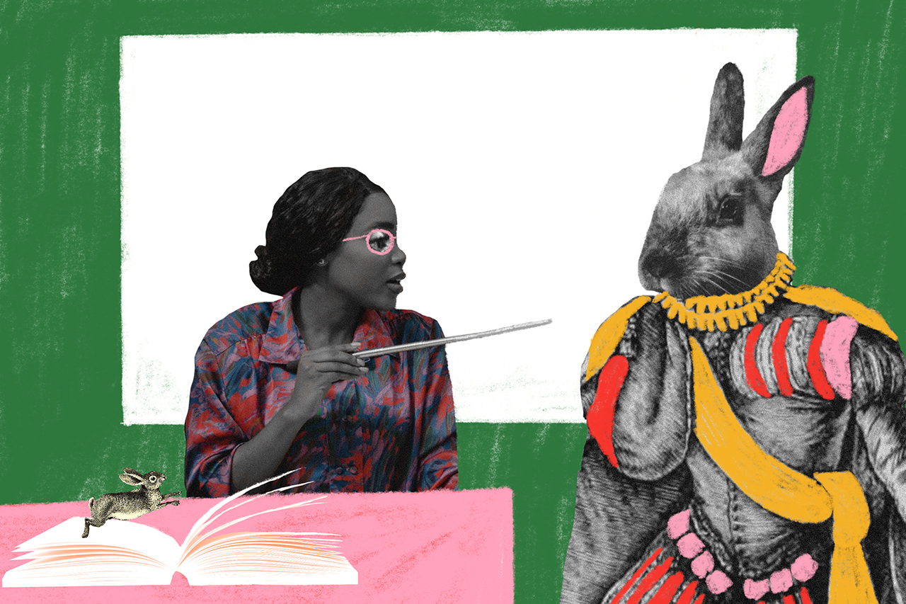 Ilustra&ccedil;&atilde;o a partir de colagens de uma professora com personagem ficcional ao lado.