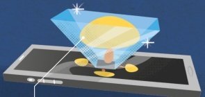 Ilustração de um celular, uma piramide invertida resultado no holograma