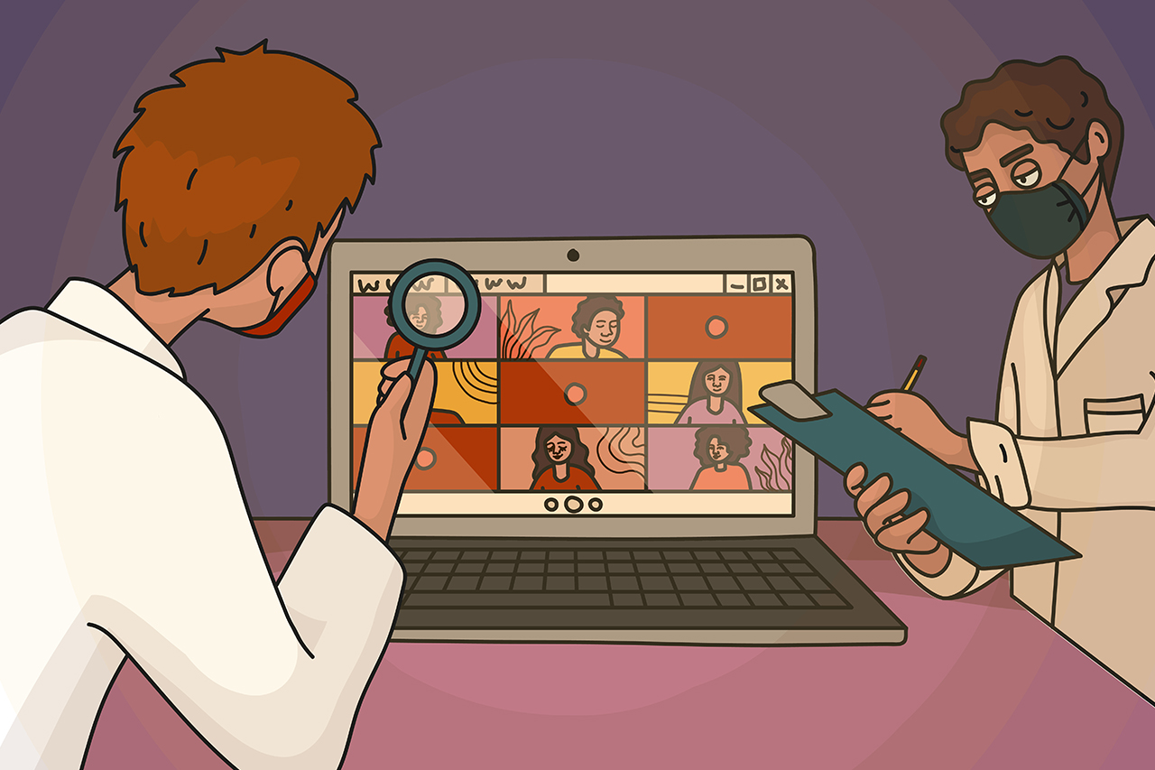 Ilustra&ccedil;&atilde;o abstrata de pesquisadores observando com lupa e fazendo anota&ccedil;&otilde;es em prancheta de uma computador com aula online acontecendo.