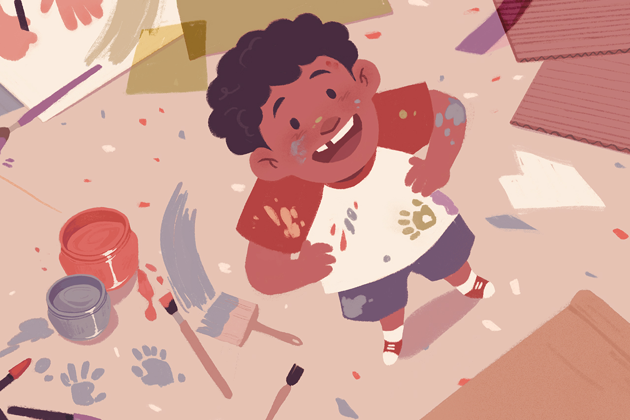 Ilustra&ccedil;&atilde;o de crian&ccedil;a com manchas de tinta e objetos de desenho ao redor.