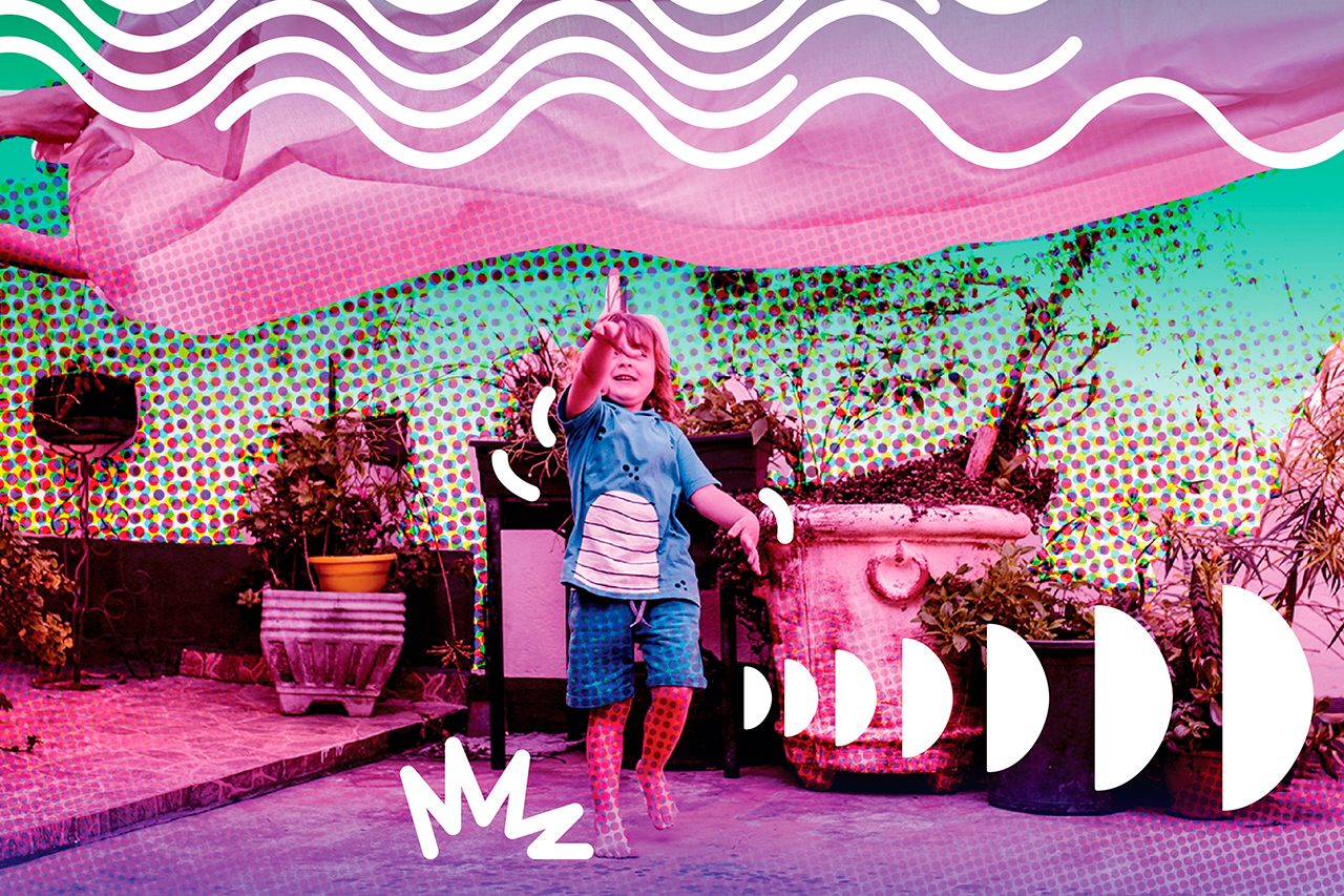 Fotomontagem de crian&ccedil;a brincando com len&ccedil;&oacute;is e gravetos sobre ilustra&ccedil;&otilde;es simulando tra&ccedil;os e movimentos.