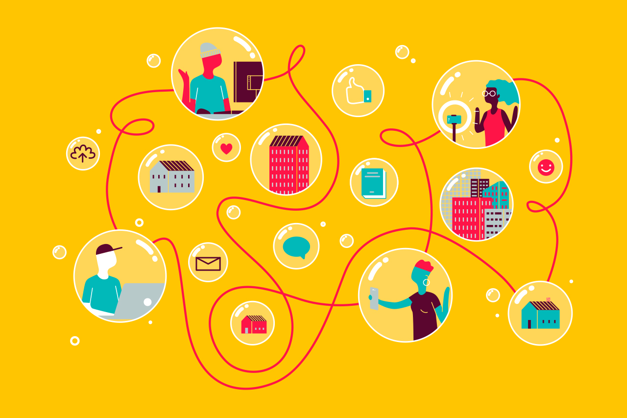 Ilustra&ccedil;&atilde;o abstrata sobre os processos de ensino remoto. Bolhas de conex&otilde;es pelos ares mostrando as a&ccedil;&otilde;es de cada um dos personagens envolvidos no processo.