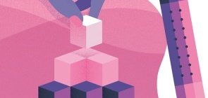 Ilustração com as cores rosa e roxo, aparece uma pilha de cubos e uma mão colocando o cubinho do topo, ao lado aparece um lápis