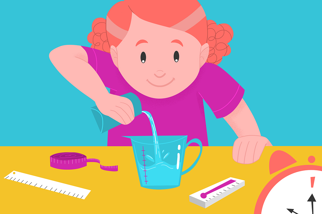 Ilustra&ccedil;&atilde;o de menina fazendo atividades de medidas com fita m&eacute;trica, medidor de l&iacute;quidos e rel&oacute;gio.