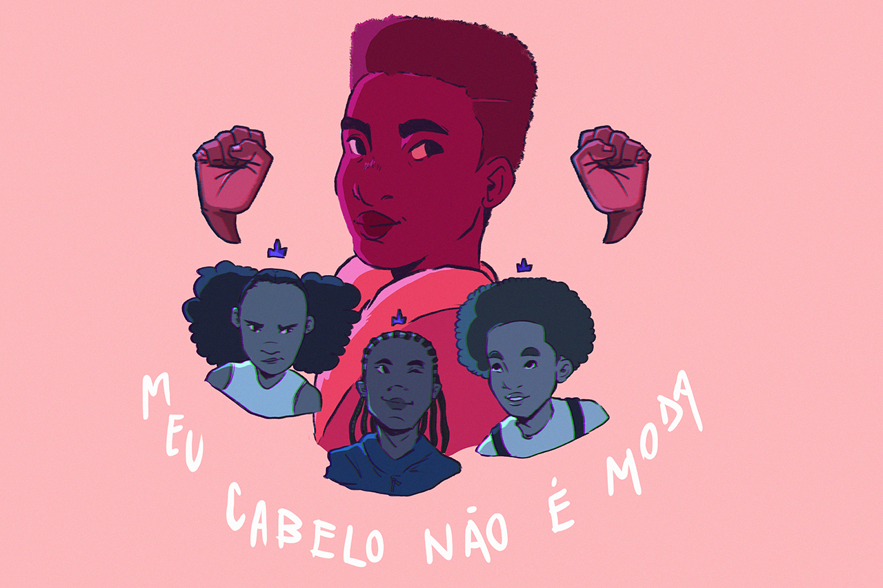 Ilustra&ccedil;&atilde;o mostrando os diferentes cortes de cabelo de um grupo de pessoas negras. Abaixo dos retratos, vemos a frase: meu cabelo n&atilde;o &eacute; moda.