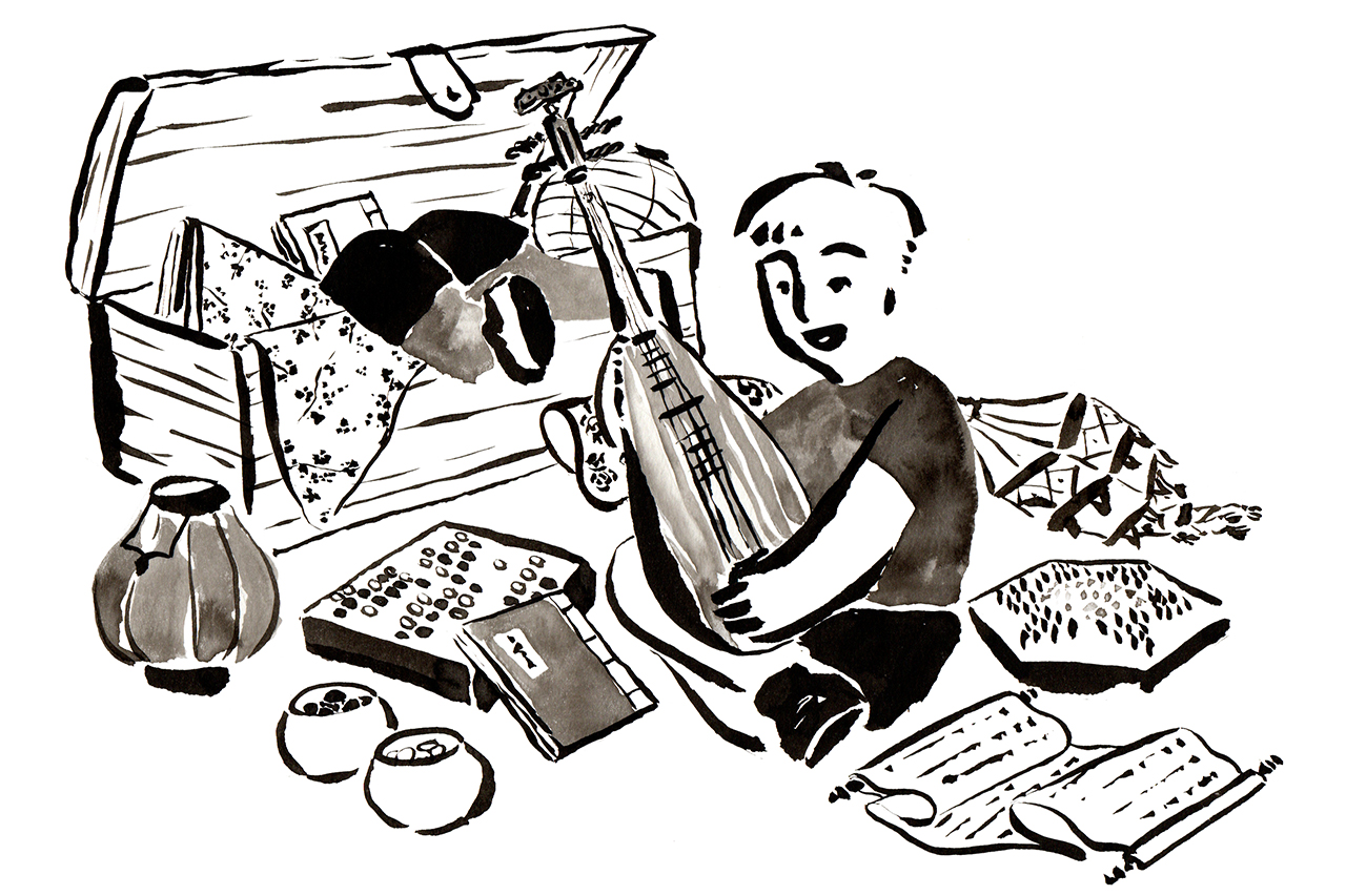 Ilustra&ccedil;&atilde;o feita a partir de t&eacute;cnica tradicional de caligrafia chinesa/japonesa apresentando um garoto com jogos e instrumentos musicais ao seu redor.