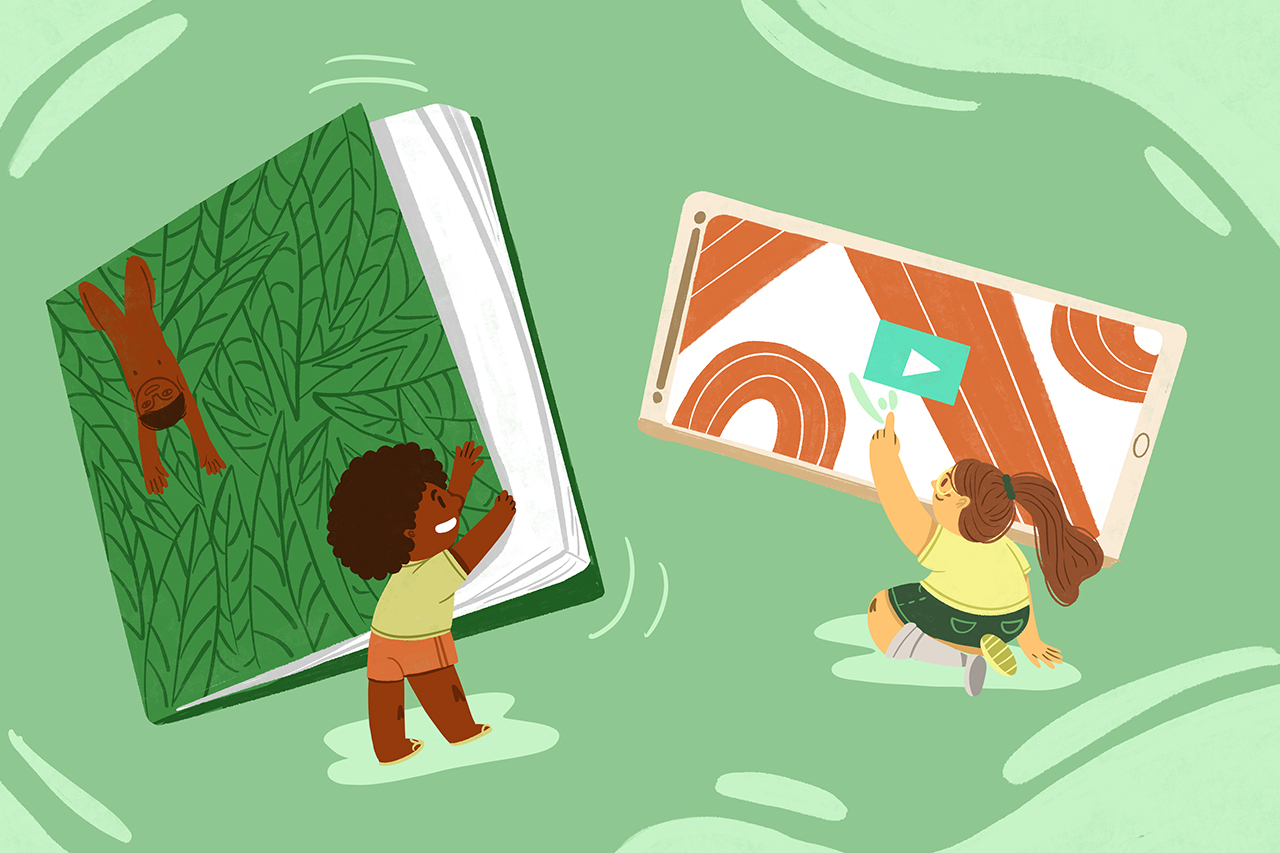 Ilustra&ccedil;&atilde;o abstrata de crian&ccedil;as brincando com livros e celulares gigantes.