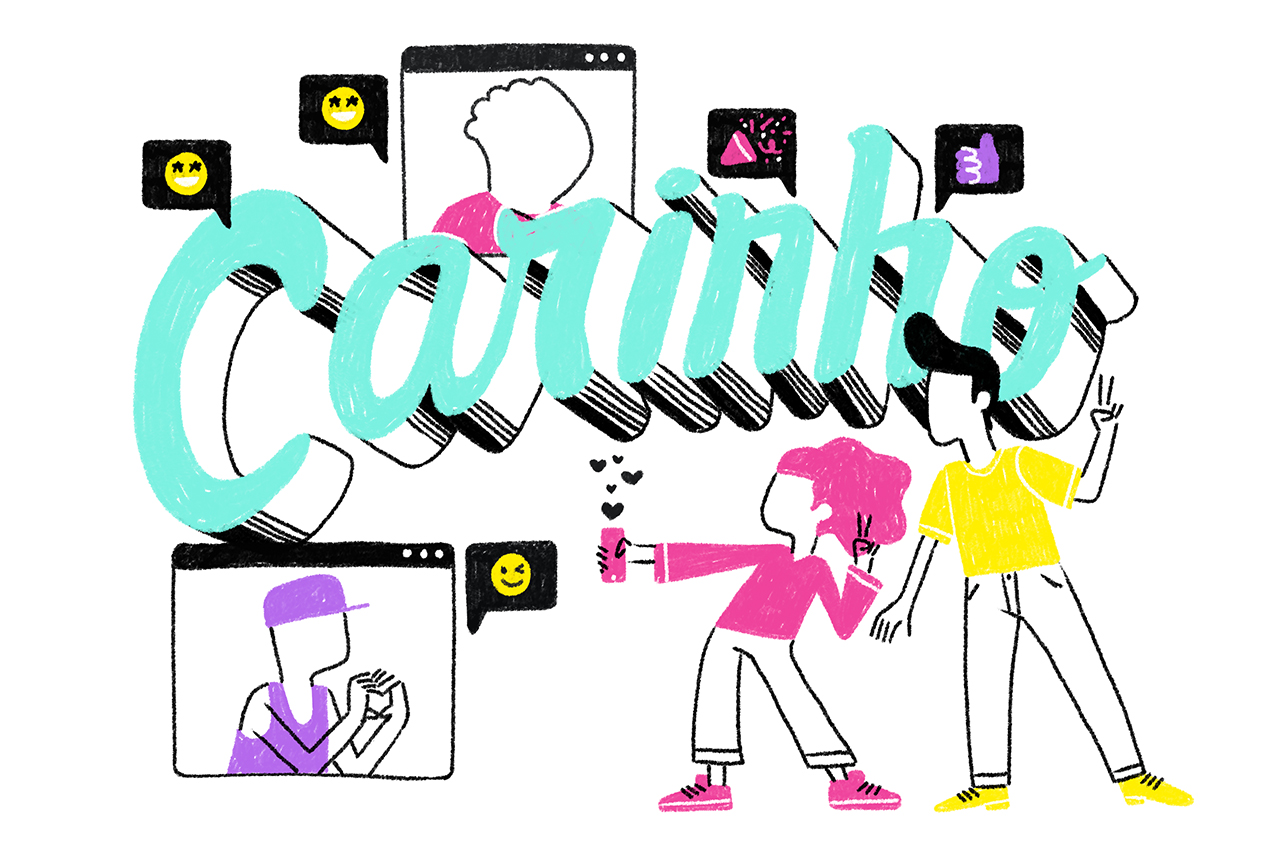 Ilustra&ccedil;&atilde;o abstrata de alunos utilizando os celulares ao redor da palavra carinho.