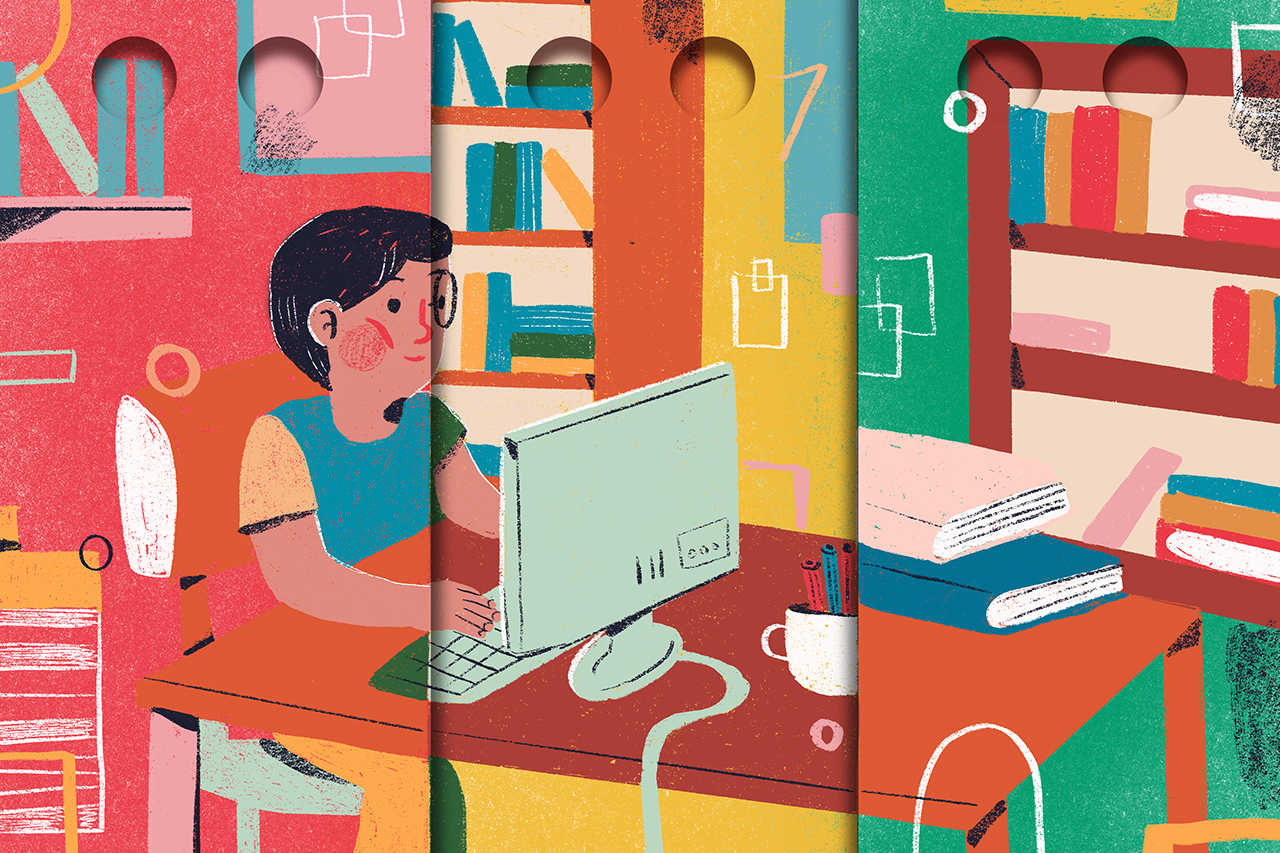 Ilustra&ccedil;&atilde;o abstrata de aluno em frente ao computador.