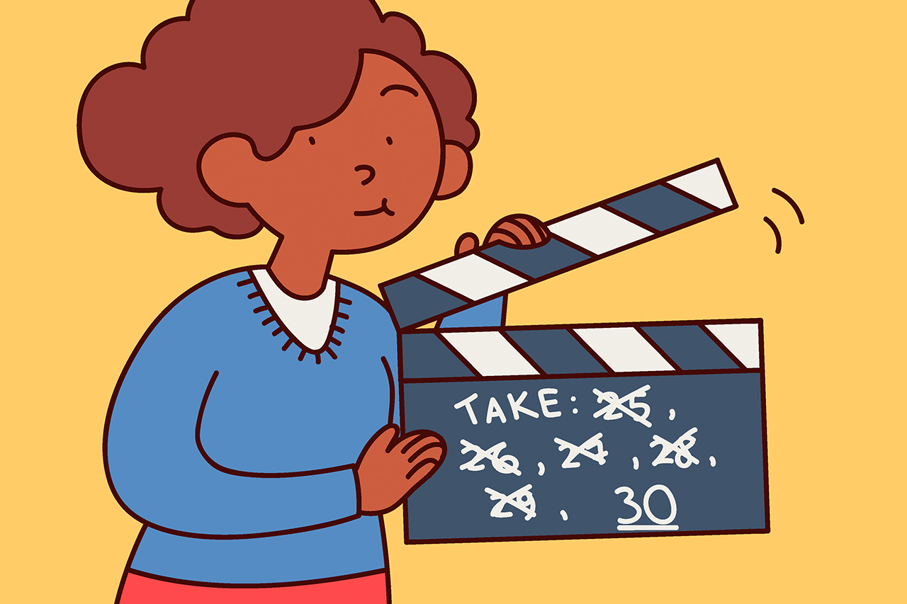 Ilustra&ccedil;&atilde;o de professora com claquete em m&atilde;os.