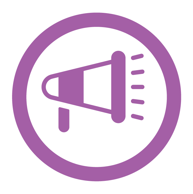 Em um fundo branco, um &iacute;cone de um megafone lil&aacute;s