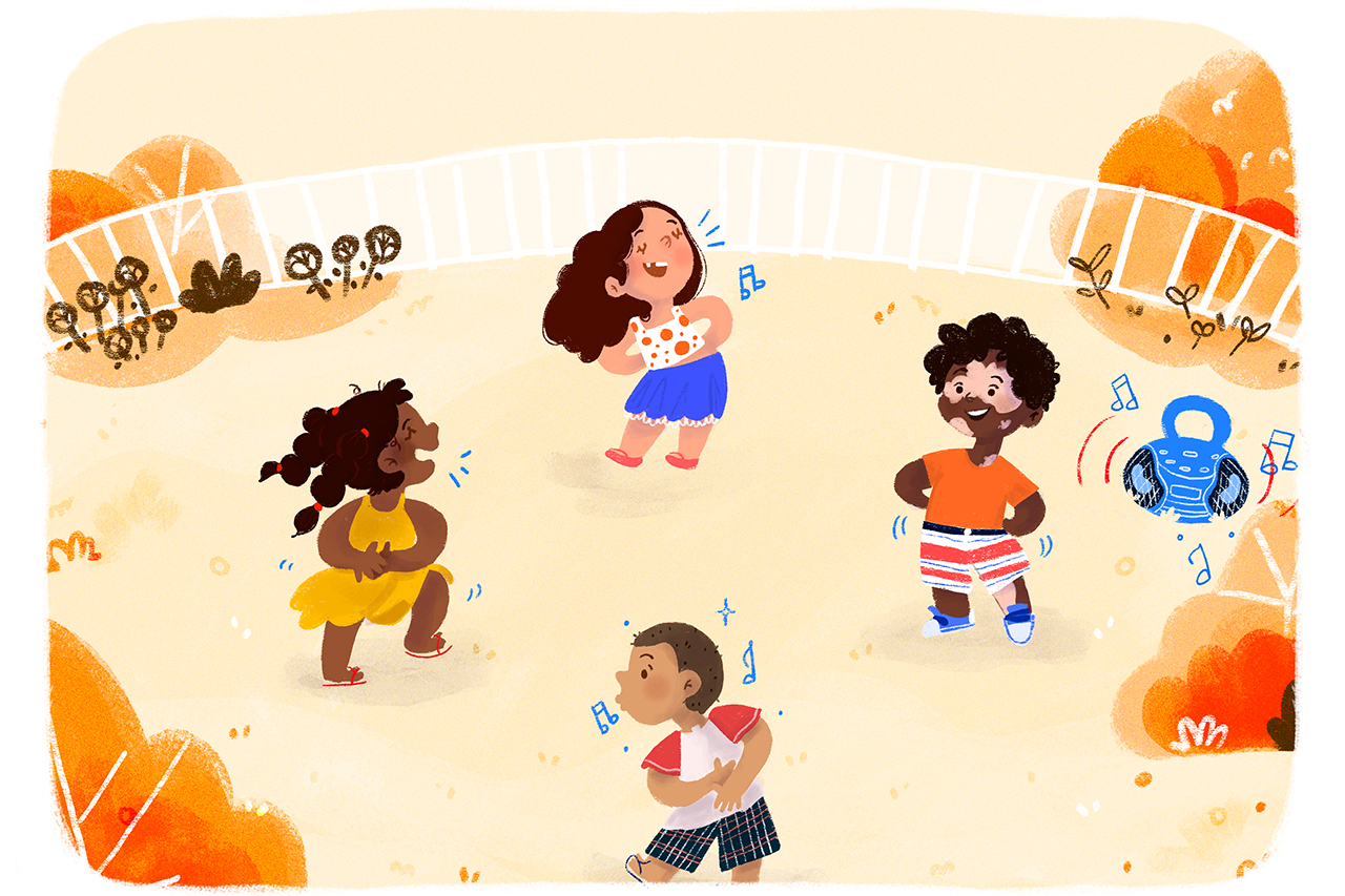 Ilustra&ccedil;&atilde;o de crian&ccedil;as brincando em &aacute;rea externa da escola.