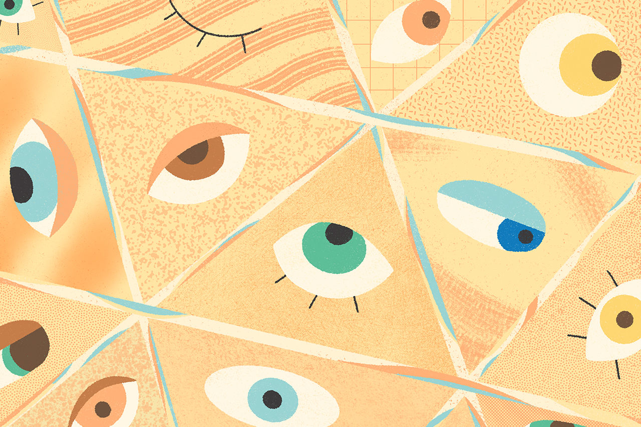 Ilustra&ccedil;&atilde;o abstrata de olhos sendo refletidos em um caleidosc&oacute;pio.