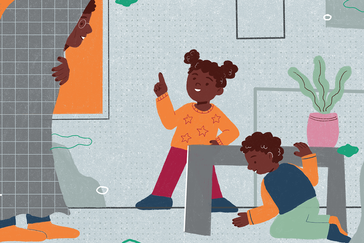 Ilustra&ccedil;&atilde;o de crian&ccedil;as brincando em casa com a m&atilde;e.