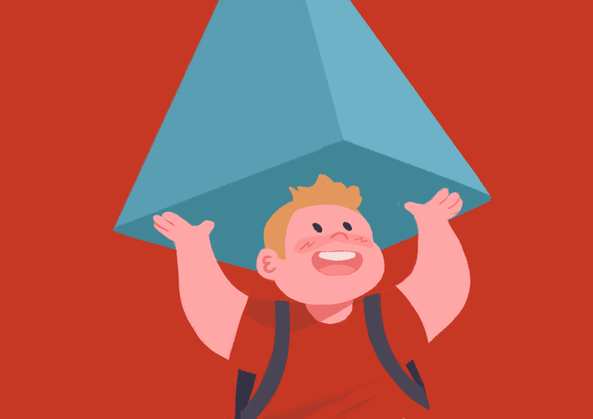 Anima&ccedil;&atilde;o abstrata de aluno segurando um tri&acirc;ngulo sobre sua cabe&ccedil;a.