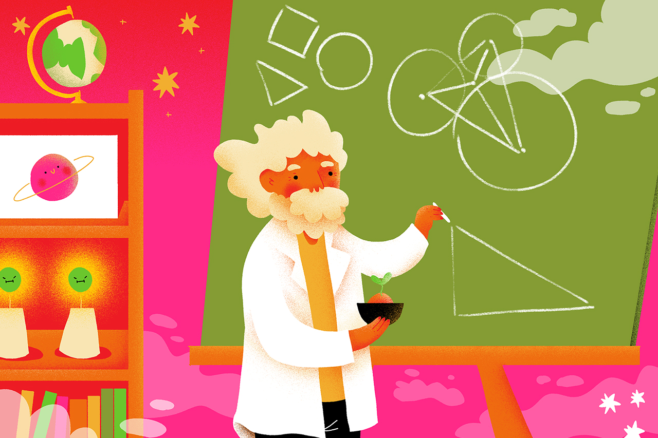 Ilustra&ccedil;&atilde;o de cientista escrevendo na lousa c&aacute;lculos matem&aacute;ticos e formas geom&eacute;tricas.