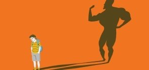 Com fundo laranja, desenho de um menino e atrás dele uma sombra de um homem musculoso