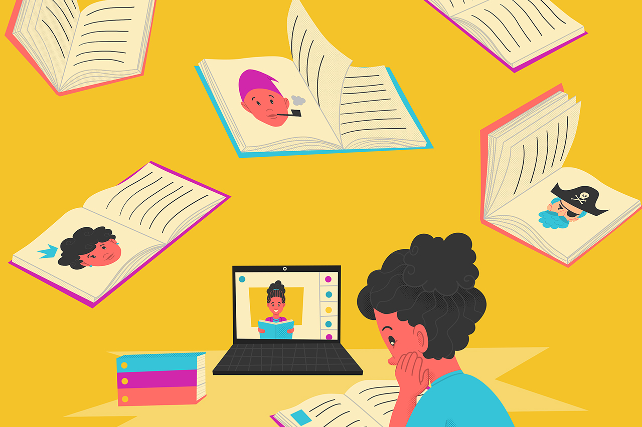 Ilustra&ccedil;&atilde;o de aluna e professora em v&iacute;deo chamada fazendo uma leitura de obras liter&aacute;rias.