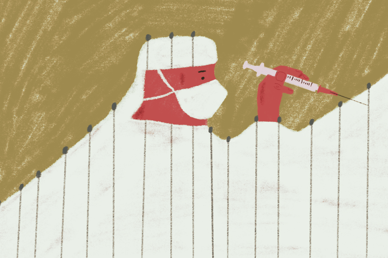 Ilustra&ccedil;&atilde;o abstrata de enfermeiro com vacina em m&atilde;os sobre gr&aacute;fico de linhas.