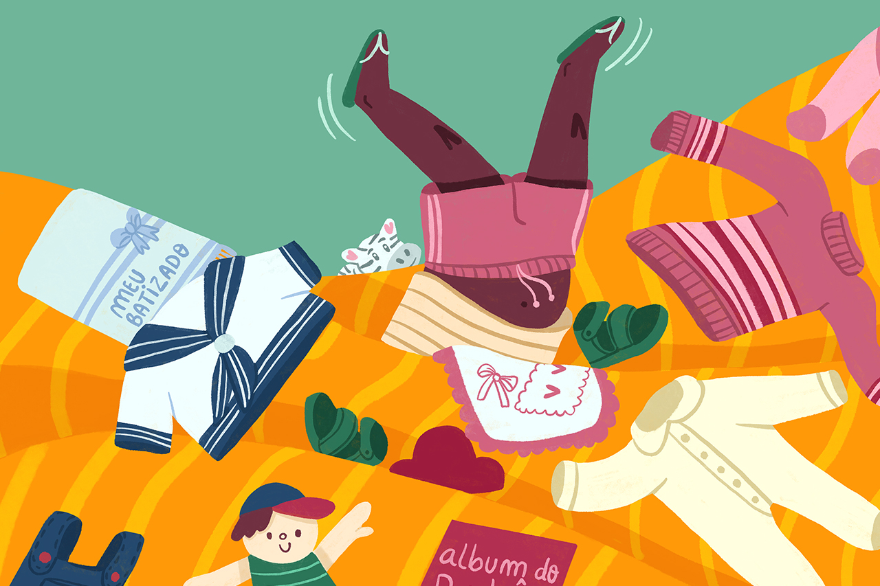 Ilustra&ccedil;&atilde;o abstrata de crian&ccedil;a mergulhando em objetos e lembran&ccedil;as de sua vida.