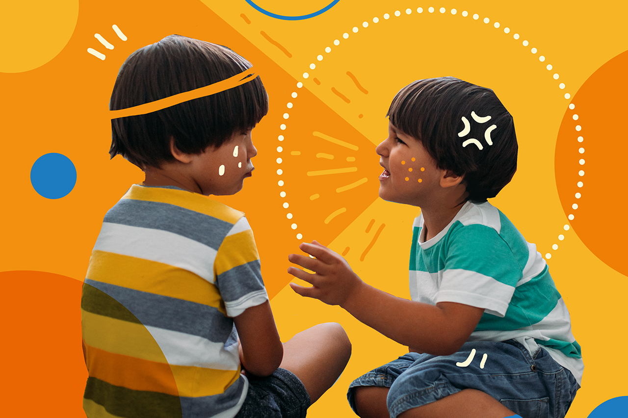 Colagem digital de alunos da educa&ccedil;&atilde;o infantil, em um momento de conflito.