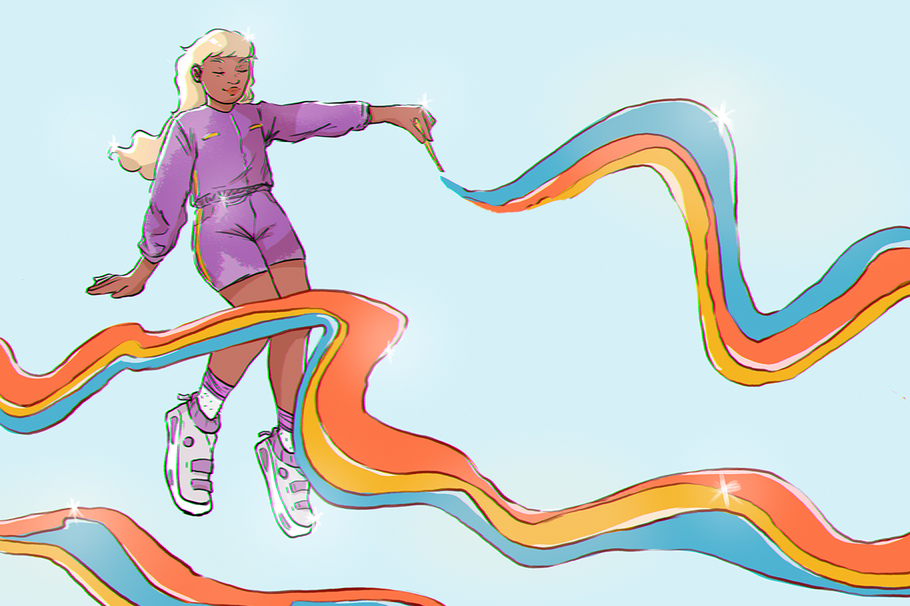 Ilustra&ccedil;&atilde;o abstrata de aluna pintando ao seu redor.