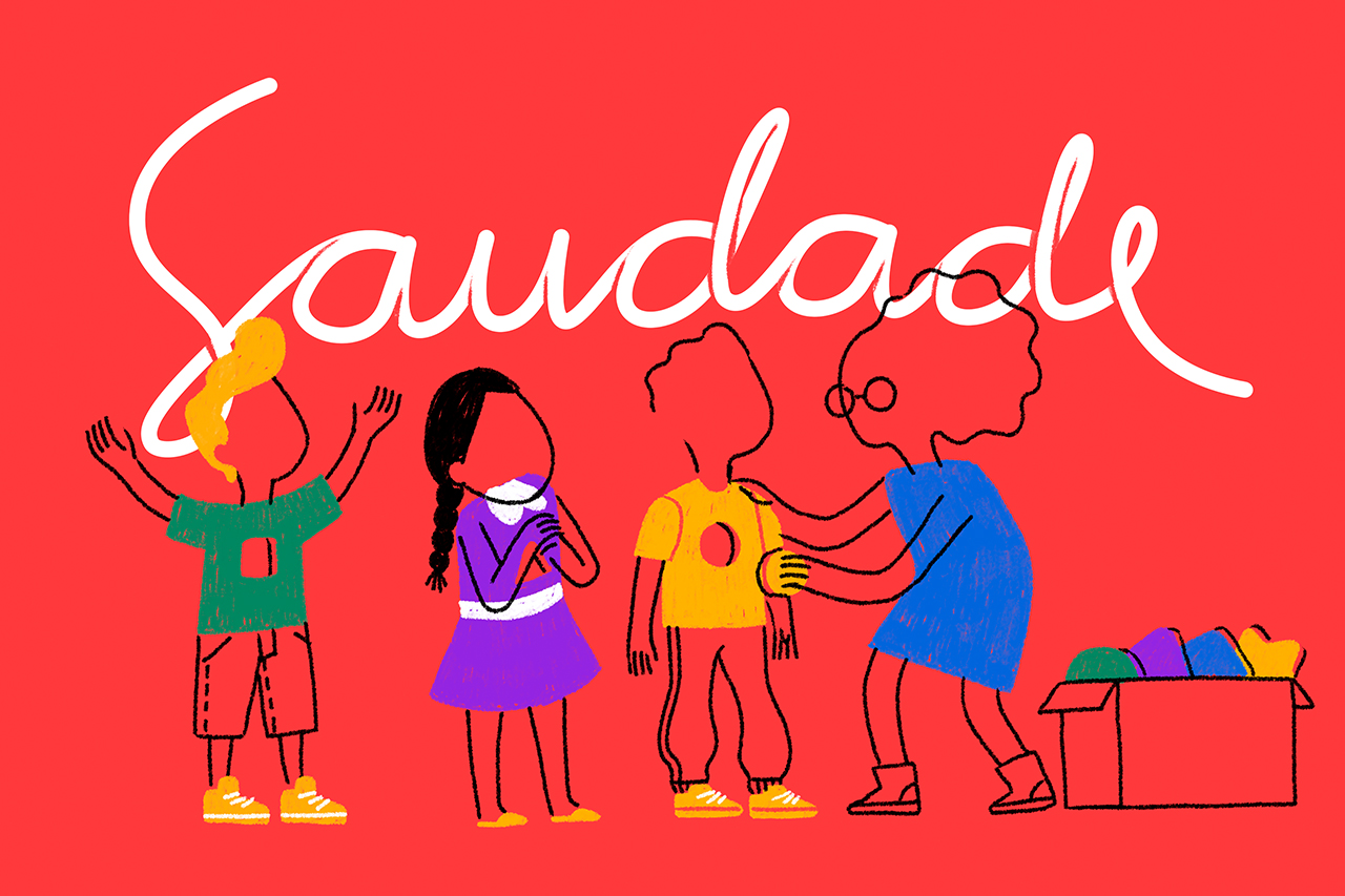 Ilustra&ccedil;&atilde;o abstrata de crian&ccedil;as interagindo com a palavra saudade.