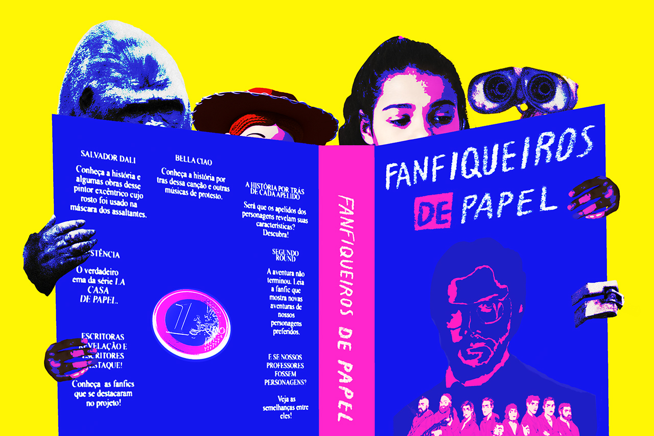 Ilustra&ccedil;&atilde;o abstrata de aluna lendo um livro em fanfic rodeada de personagens ficcionais.