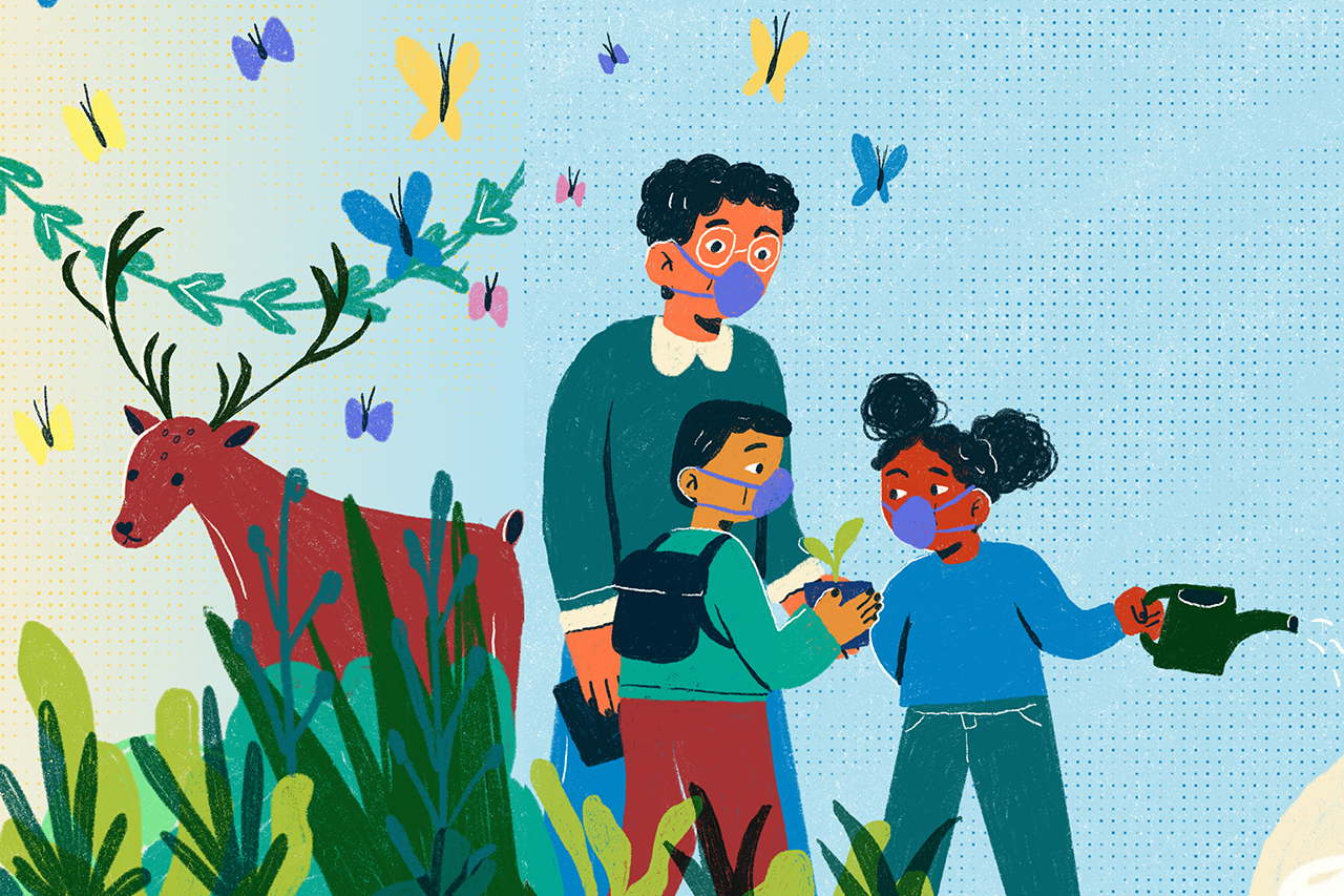 Ilustra&ccedil;&atilde;o de adulto ao lado de duas crian&ccedil;as que est&atilde;o com regador em m&atilde;os e olhando para animais na natureza.