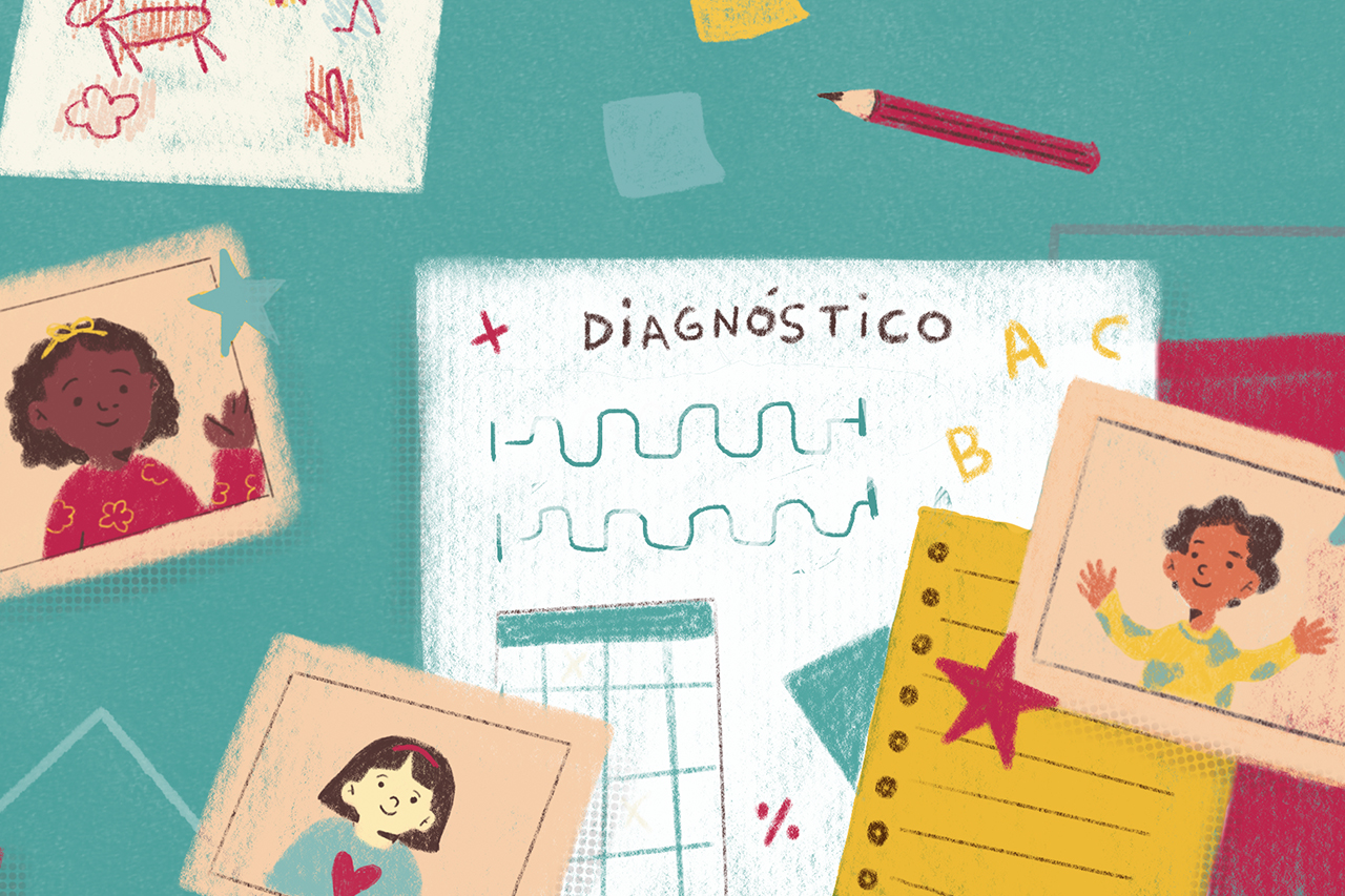 Ilustra&ccedil;&atilde;o de mesa com fotografias e folhas de papel usados para diagnosticar a situa&ccedil;&atilde;o das crian&ccedil;as no ensino do ano de 2020