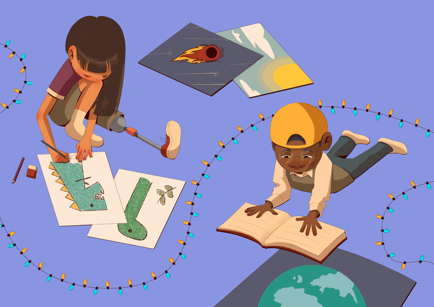 Anima&ccedil;&atilde;o de alunos pesquisando em livros e artigos informa&ccedil;&otilde;es sobre o sol.