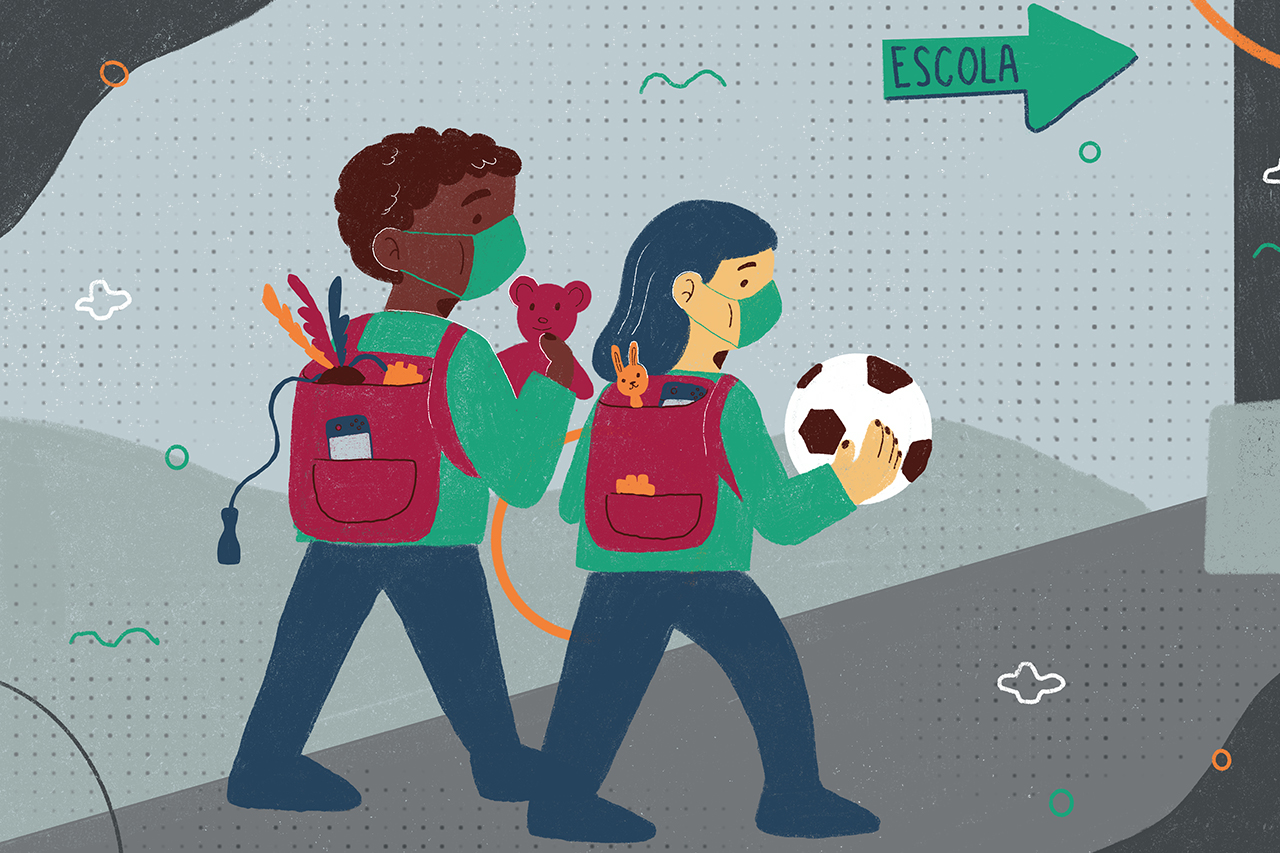 Ilustra&ccedil;&atilde;o de crian&ccedil;as com brinquedos em m&atilde;os se dirigindo &agrave; escola.