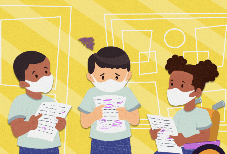 Anima&ccedil;&atilde;o de um grupo de alunos. No centro, um deles est&aacute; com d&uacute;vidas e dificuldades no processo de alfabetiza&ccedil;&atilde;o.