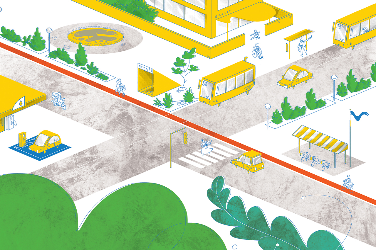 Ilustra&ccedil;&atilde;o ampla de cruzamento em uma cidade com diversas tecnologias para melhorar a mobilidade urbana. Escolas, postos de gasolina e abastecimento el&eacute;trico, ciclofaixa, &ocirc;nibus, carros e outros elementos est&atilde;o presentes na cena.