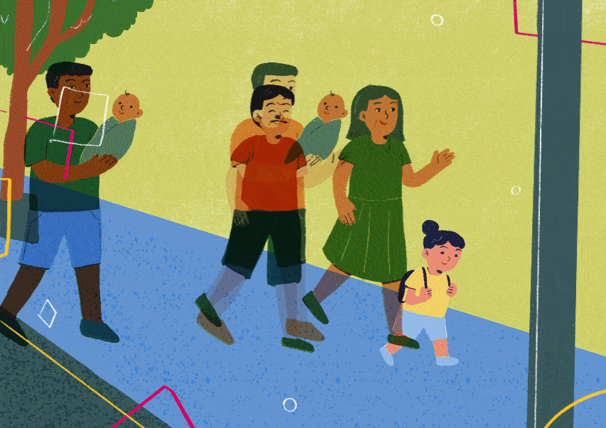 Anima&ccedil;&atilde;o de pa&iacute;s levando seus filhos &agrave; escola.