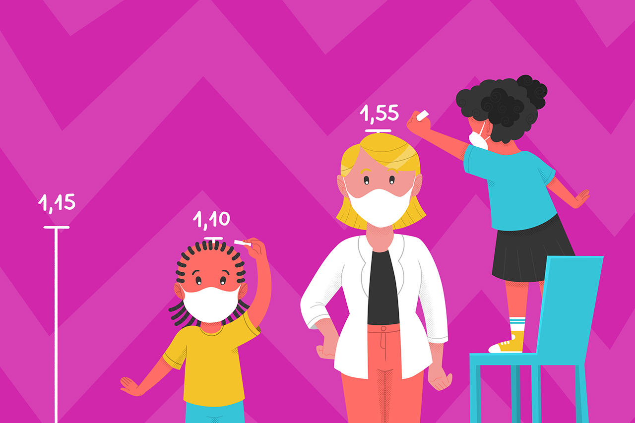 Ilustra&ccedil;&atilde;o abstrata de aluna medindo atrav&eacute;s de marca&ccedil;&otilde;es na parede a altura de suas colegas e professora.