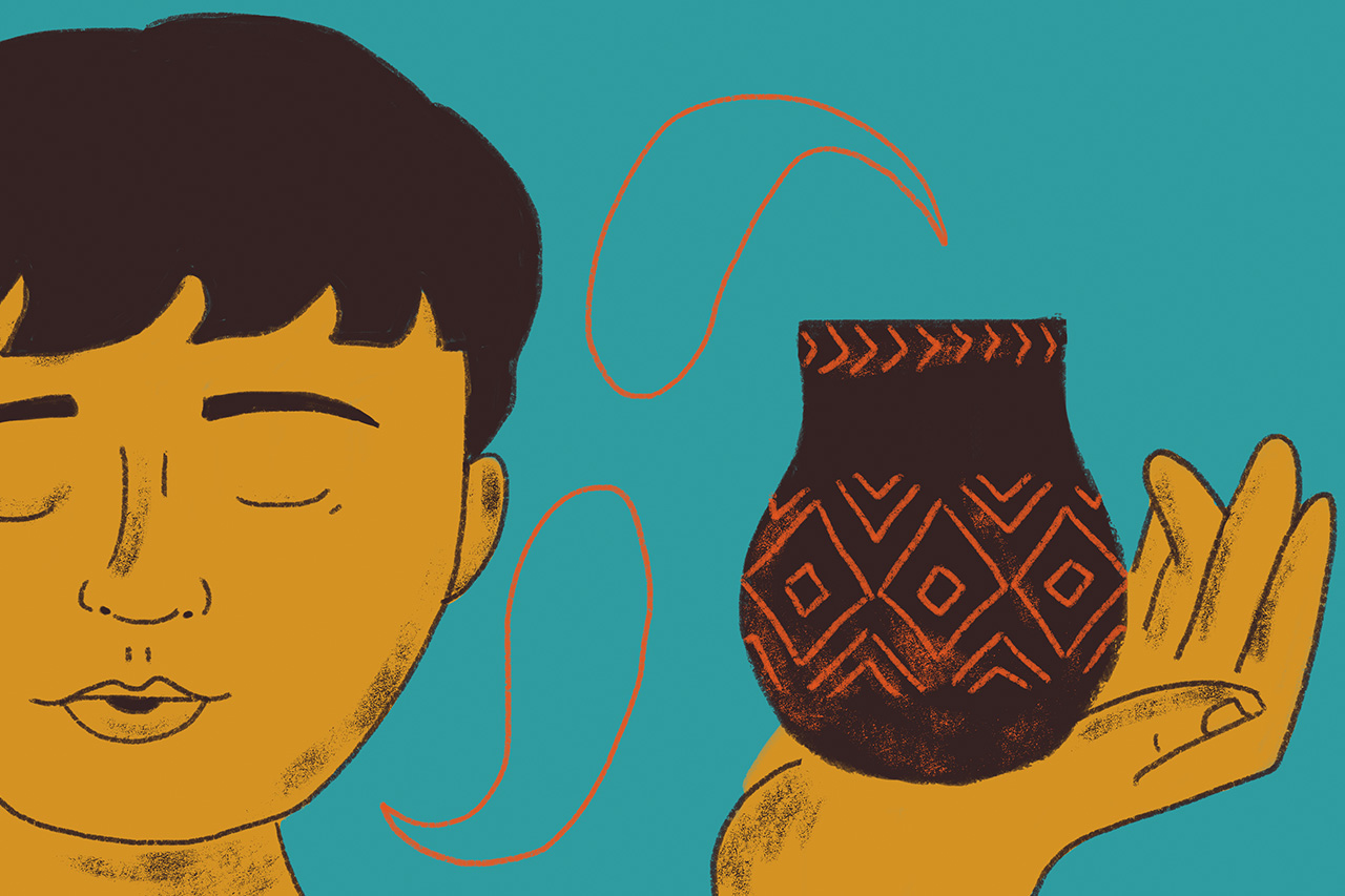 Ilustra&ccedil;&atilde;o de crian&ccedil;a segurando objeto &eacute;tnico sobre fundo azul.